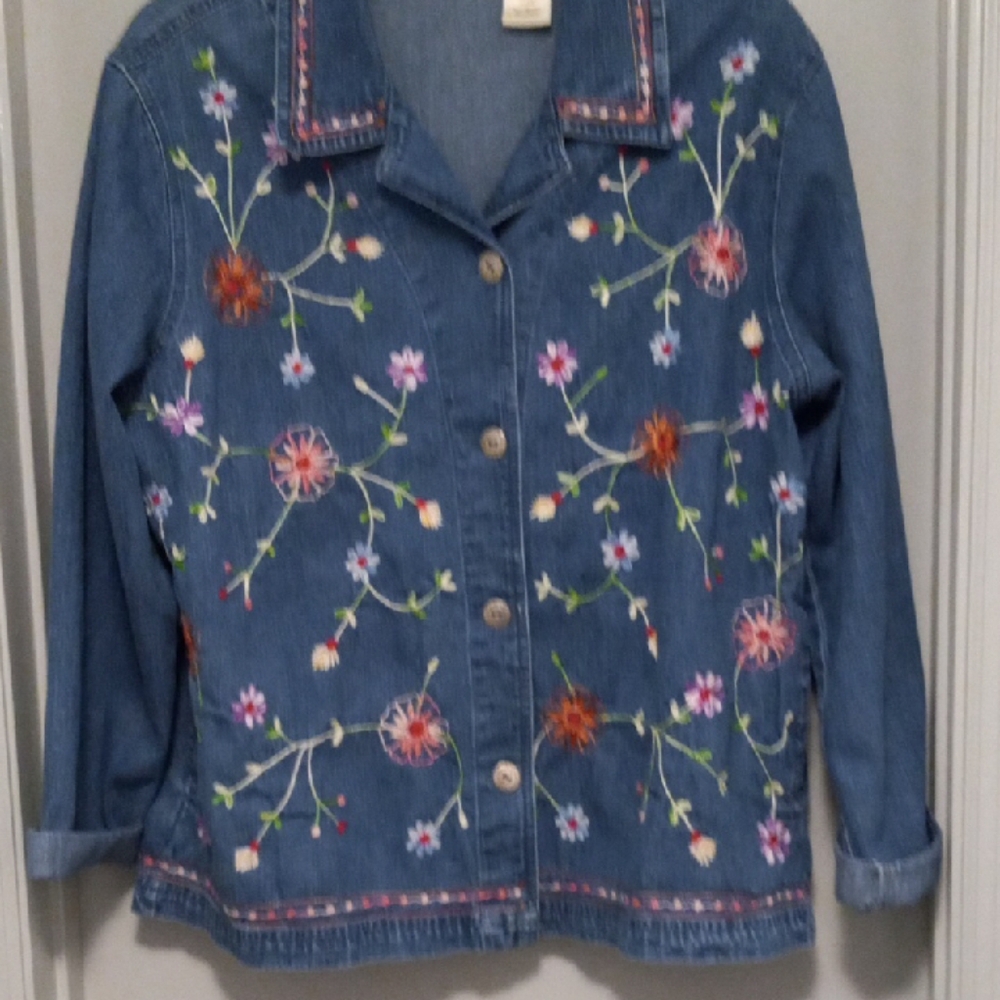Blue Jean Jacket with Floral Embroidery